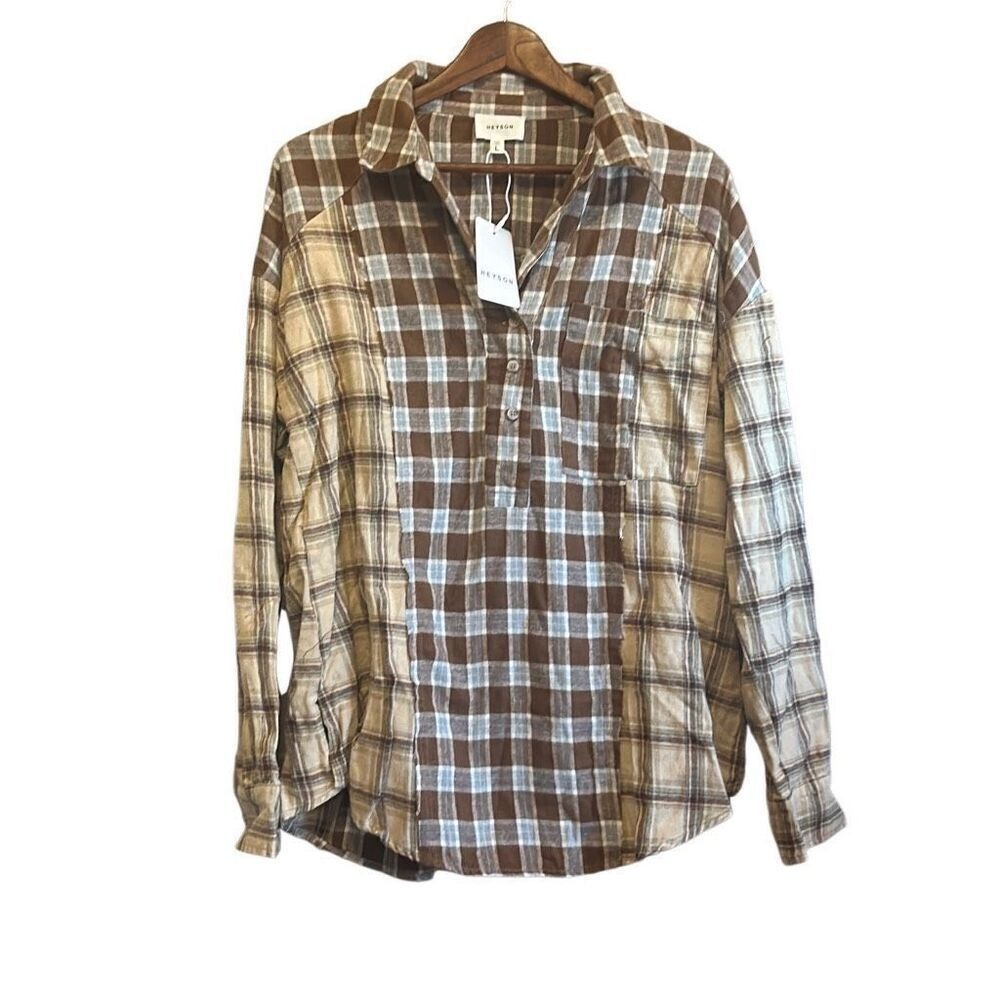 Heyson Brown Plaid Long‎ Sleeve Button Up Flannel Shirt Cottagecore Casual